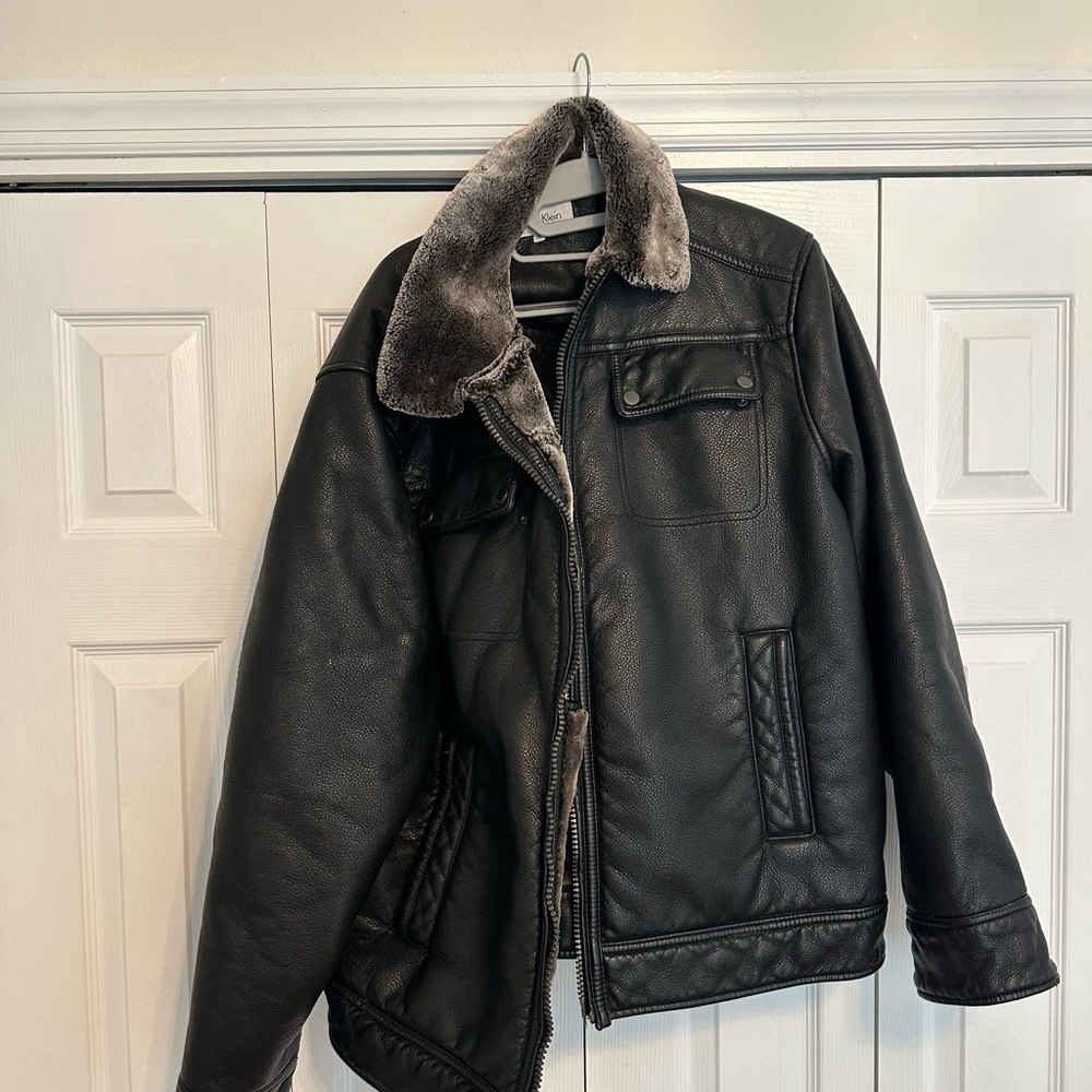 Men's Black Leather Jacket with Faux Fur Collar